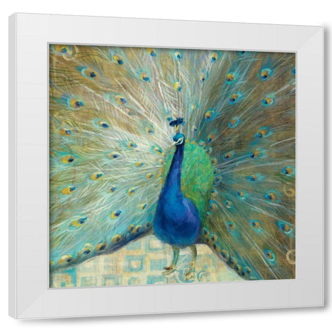 Blue Peacock on Gold White Modern Wood Framed Art Print by Nai, Danhui