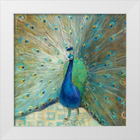 Blue Peacock on Gold White Modern Wood Framed Art Print by Nai, Danhui