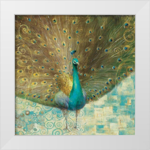 Teal Peacock on Gold White Modern Wood Framed Art Print by Nai, Danhui