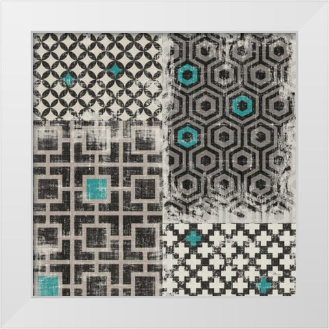 Geometric Patchwork Peacock Blue Square II White Modern Wood Framed Art Print by Pela Studio