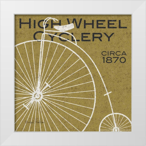 High Wheel Cyclery White Modern Wood Framed Art Print by Mullan, Michael