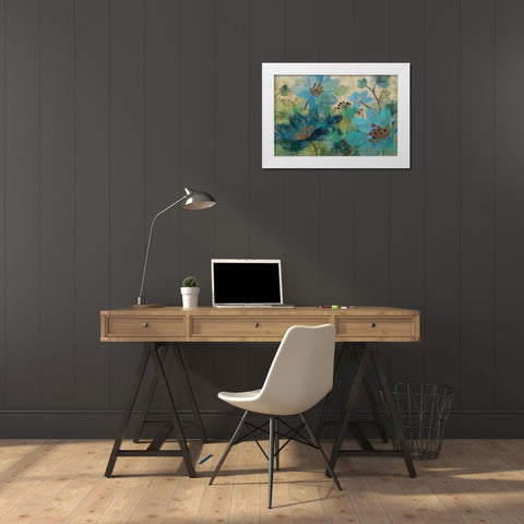Peacock Garden White Modern Wood Framed Art Print by Vassileva, Silvia