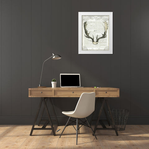 Regal Antlers on Newsprint II White Modern Wood Framed Art Print by Schlabach, Sue