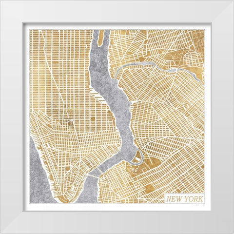 Gilded New York  Map White Modern Wood Framed Art Print by Marshall, Laura