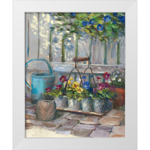 Pansies in Wire Basket White Modern Wood Framed Art Print by Rowan, Carol