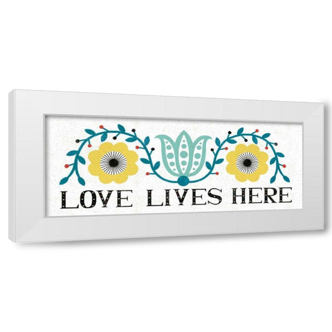 Folk Lodge Love Lives Here V2 Teal White Modern Wood Framed Art Print by Mullan, Michael