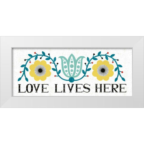 Folk Lodge Love Lives Here V2 Teal White Modern Wood Framed Art Print by Mullan, Michael