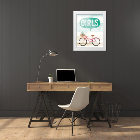 Beach Cruiser Girls II White Modern Wood Framed Art Print by Mullan, Michael