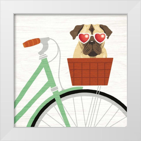Beach Bums Pug Bicycle I White Modern Wood Framed Art Print by Mullan, Michael