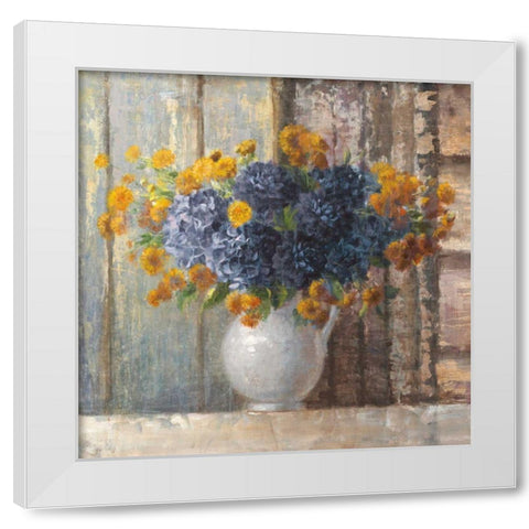 Fall Dahlia Bouquet Crop Blue White Modern Wood Framed Art Print by Nai, Danhui