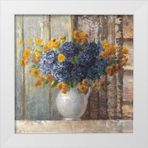 Fall Dahlia Bouquet Crop Blue White Modern Wood Framed Art Print by Nai, Danhui