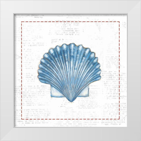 Navy Scallop Shell on Newsprint with Red White Modern Wood Framed Art Print by Adams, Emily