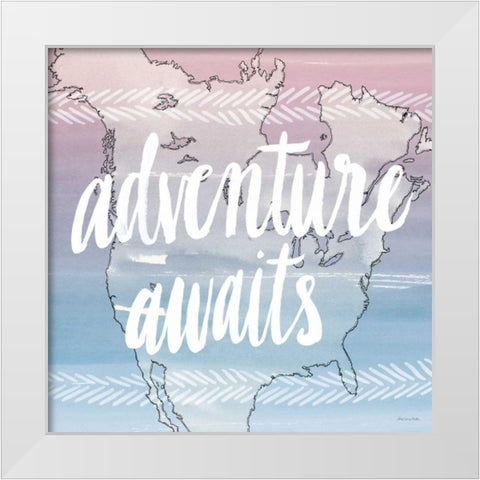 World Traveler Adventure Awaits White Modern Wood Framed Art Print by Miller, Sara Zieve