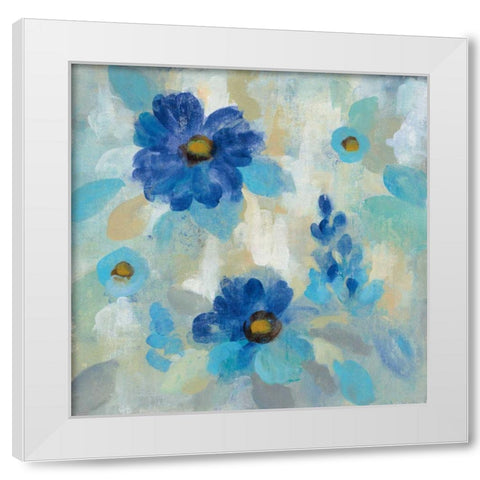 Blue Flowers Whisper II White Modern Wood Framed Art Print by Vassileva, Silvia