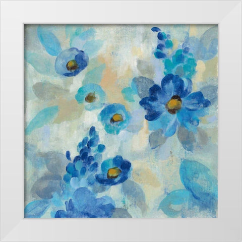 Blue Flowers Whisper III White Modern Wood Framed Art Print by Vassileva, Silvia