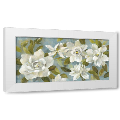 Gardenias on Slate Blue White Modern Wood Framed Art Print by Vassileva, Silvia