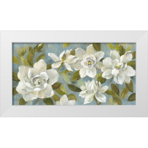 Gardenias on Slate Blue White Modern Wood Framed Art Print by Vassileva, Silvia