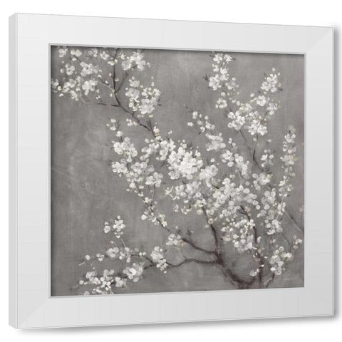 White Cherry Blossoms II on Grey Crop White Modern Wood Framed Art Print by Nai, Danhui