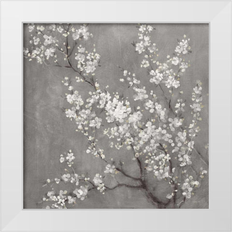 White Cherry Blossoms II on Grey Crop White Modern Wood Framed Art Print by Nai, Danhui