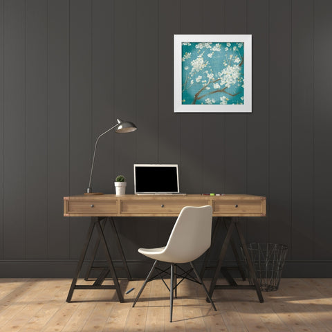 White Cherry Blossoms I on Teal Aged no Bird White Modern Wood Framed Art Print by Nai, Danhui