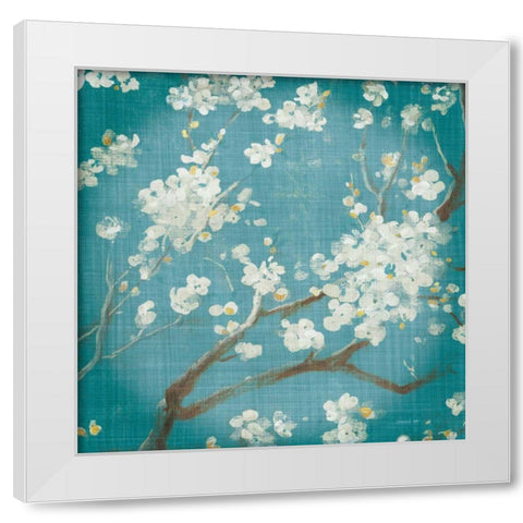 White Cherry Blossoms I on Teal Aged no Bird White Modern Wood Framed Art Print by Nai, Danhui