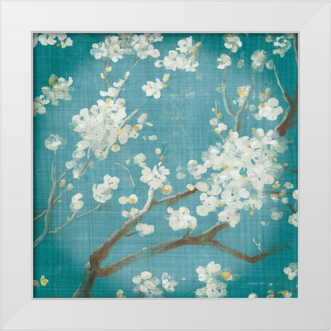 White Cherry Blossoms I on Teal Aged no Bird White Modern Wood Framed Art Print by Nai, Danhui