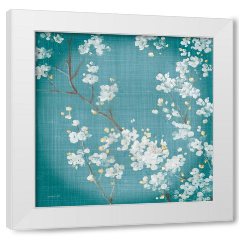 White Cherry Blossoms II on Teal Aged no Bird White Modern Wood Framed Art Print by Nai, Danhui