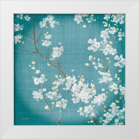 White Cherry Blossoms II on Teal Aged no Bird White Modern Wood Framed Art Print by Nai, Danhui