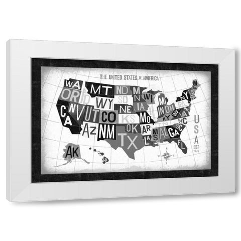 Letterpress USA Map Dark White Modern Wood Framed Art Print by Mullan, Michael