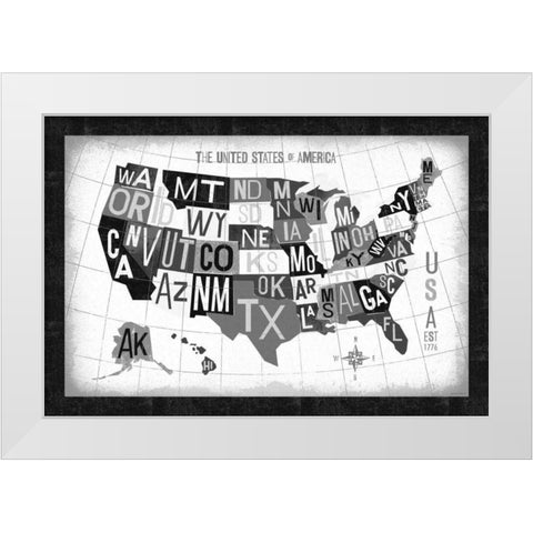 Letterpress USA Map Dark White Modern Wood Framed Art Print by Mullan, Michael