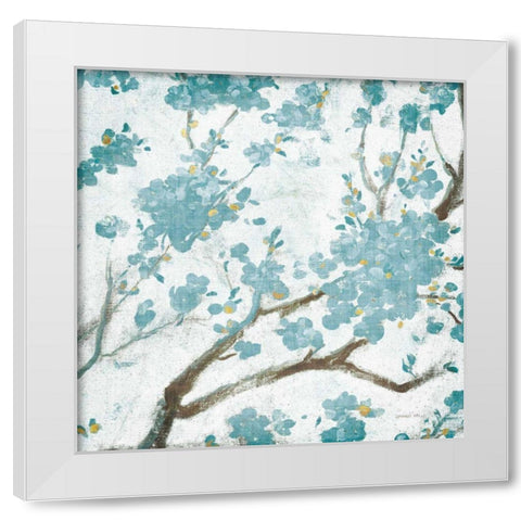 Teal Cherry Blossoms I on Cream Aged no Bird White Modern Wood Framed Art Print by Nai, Danhui