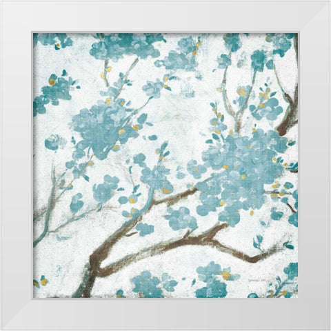 Teal Cherry Blossoms I on Cream Aged no Bird White Modern Wood Framed Art Print by Nai, Danhui