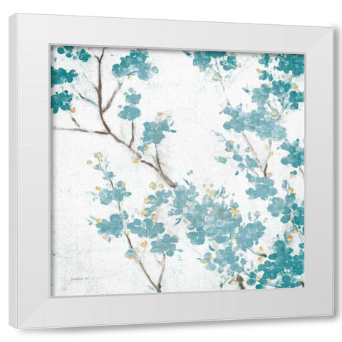 Teal Cherry Blossoms II on Cream Aged no Bird White Modern Wood Framed Art Print by Nai, Danhui