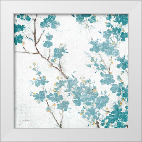 Teal Cherry Blossoms II on Cream Aged no Bird White Modern Wood Framed Art Print by Nai, Danhui