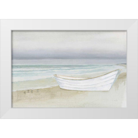 Serene Seaside with Boat White Modern Wood Framed Art Print by Wiens, James