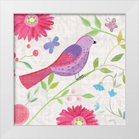 Damask Floral and Bird I Sq White Modern Wood Framed Art Print by Zaman, Farida