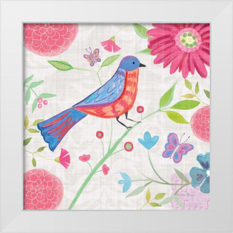 Damask Floral and Bird II v2 White Modern Wood Framed Art Print by Zaman, Farida