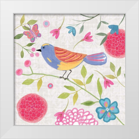 Damask Floral and Bird III v2 White Modern Wood Framed Art Print by Zaman, Farida