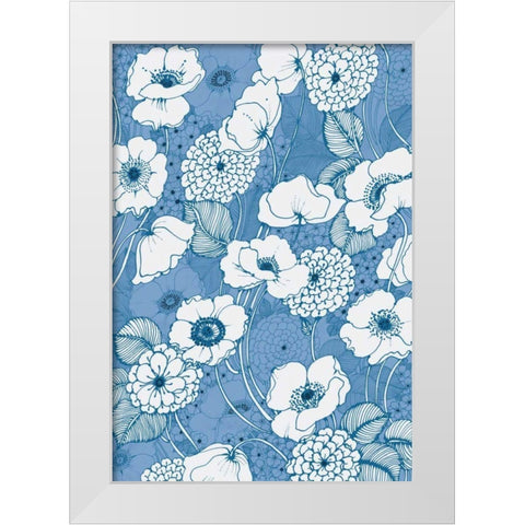 Pen and Ink Flowers on Blue White Modern Wood Framed Art Print by Wild Apple Portfolio