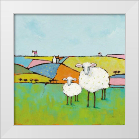Sheep in the Meadow White Modern Wood Framed Art Print by Adams, Phyllis