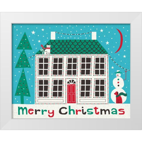 Jolly Holiday Home on Blue Merry Christmas White Modern Wood Framed Art Print by Mullan, Michael