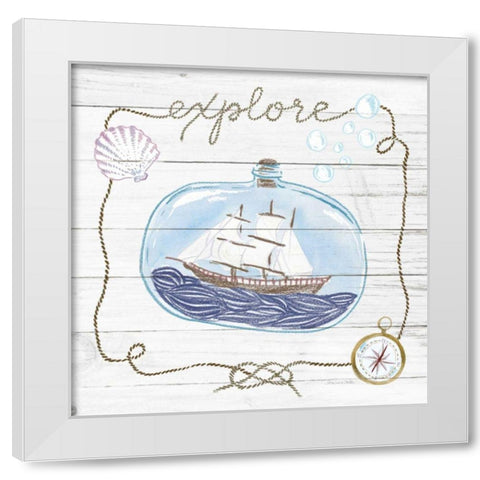 Ship in a Bottle Explore Shiplap White Modern Wood Framed Art Print by Miller, Sara Zieve