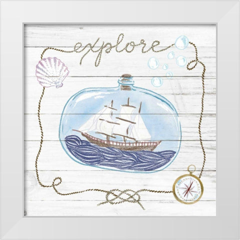 Ship in a Bottle Explore Shiplap White Modern Wood Framed Art Print by Miller, Sara Zieve