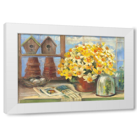 Daffodils in the Greenhouse White Modern Wood Framed Art Print by Rowan, Carol