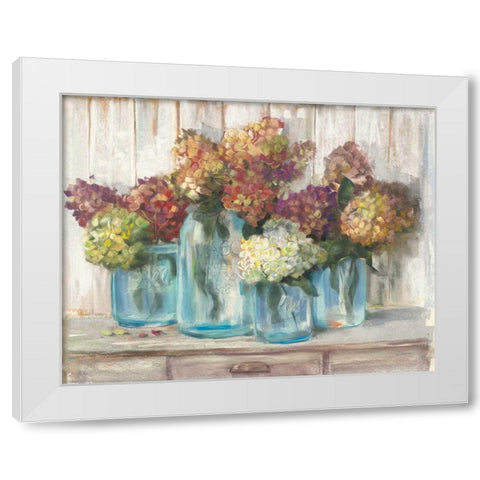 Hydrangeas in Glass Jars White Wood White Modern Wood Framed Art Print by Rowan, Carol