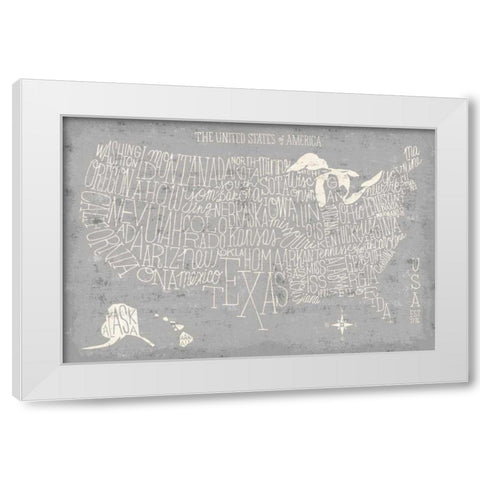 Hand Lettered USA Map Gray White Modern Wood Framed Art Print by Mullan, Michael