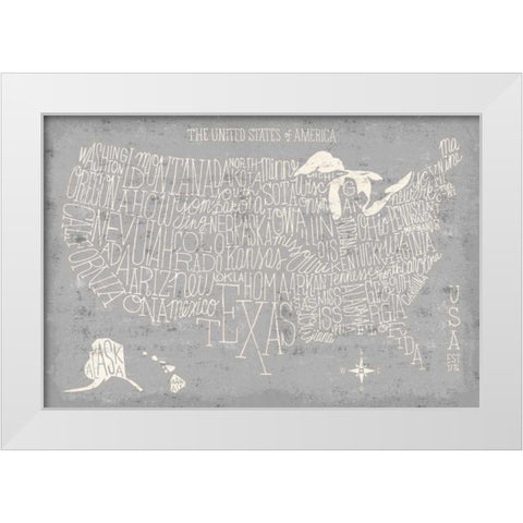 Hand Lettered USA Map Gray White Modern Wood Framed Art Print by Mullan, Michael