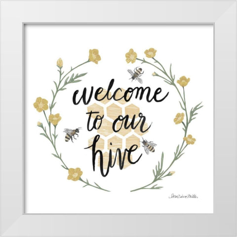 Happy to Bee Home III Welcome White Modern Wood Framed Art Print by Miller, Sara Zieve