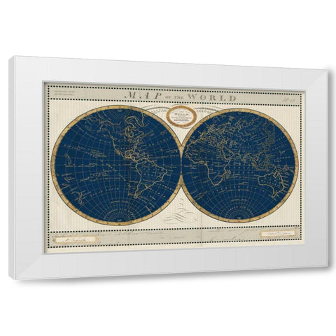 Torkingtons World Map Indigo Globes White Modern Wood Framed Art Print by Schlabach, Sue