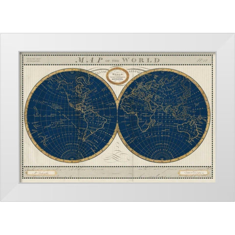 Torkingtons World Map Indigo Globes White Modern Wood Framed Art Print by Schlabach, Sue